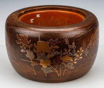 Antique Japanese Mixed Metal Lacquer Kiri Wood Hibachi