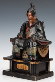 Antique Japanese Polychrome Wood Seated Daimyo Feudal Lord, H: 16"