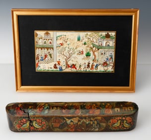 Qajar Hand Painted And Lacquered Qalamdan Pen Box And Persian Painting on Bone