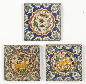 3 Antique Qajar Tiles, Persia, Early 19th C.