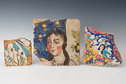 3 Antique Qajar Tiles, Persia, Early 19th C. Or Earlier