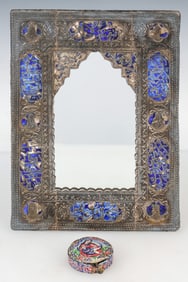 Persian Qajar Repousse Silver and Enamel Mirror and Covered Box, Early 20th C.
