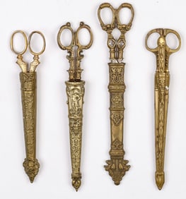 4 Pairs of Antique Continental Brass Scissors in Sheaths