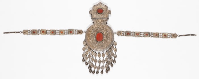 Large Antique Turkmen Gilt Silver And Carnelian Pectoral Tumar, L: 4'10"