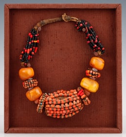 Antique Berber Necklace With Amber And Coral, Morocco