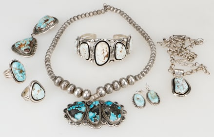 7 Native American Turquoise and Silver Jewelry Items
