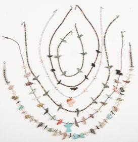 6 Native American Zuni Carved Stone Animal Fetish and Beaded Necklaces
