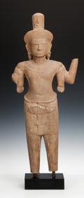 Large Ancient Southeast Asian Khmer Carved Stone Deity Figure, H: 27.5"