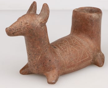 Pre-Columbian Colima Pottery Dog Effigy Vessel With Incised Designs