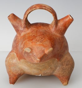 A Fine Double-Spouted Stirrup Strapped Ceramic Frog Vessel
