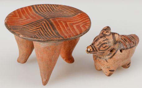 Pre-Columbian Nicoya Polychrome Pottery Tapir-Form Ocarina and Tripod Rattle Tray, Costa Rica