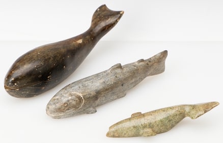3 Inuit Stone Carvings of Whales and Fish