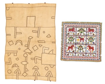 African DRC Raffia Panel and Indian Beaded Embroidered Square