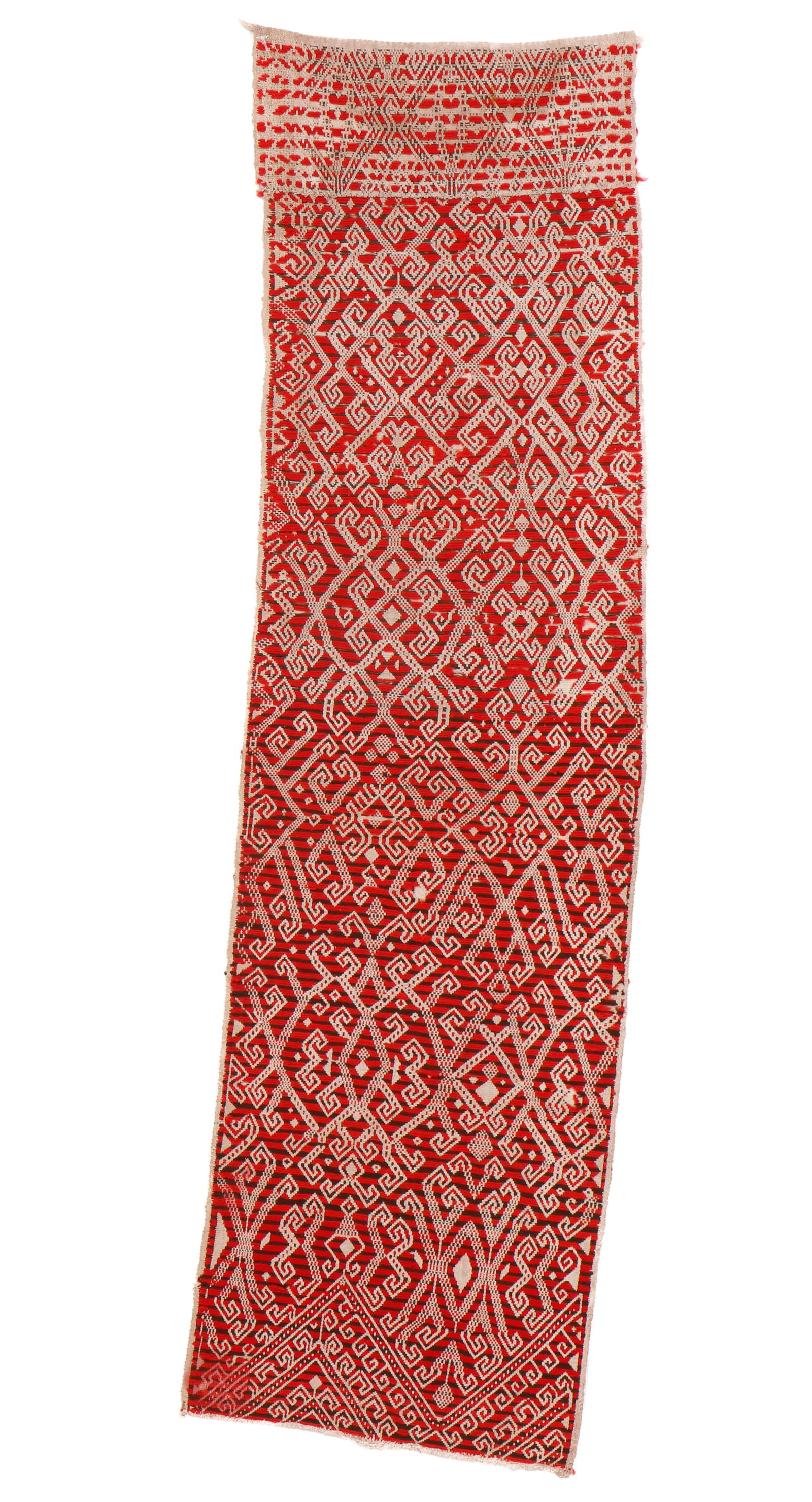 Ritual Textile, Malaysia, Early 20th C., 0'11'' x 3'4'': Ritual Textile, Malaysia, Early 20th C. Kain pilih. Iban people, Sarawak. Crafted from cotton with synthetic dyed commercial cotton thread, this textile is woven in a warp-faced plain weave with suppl