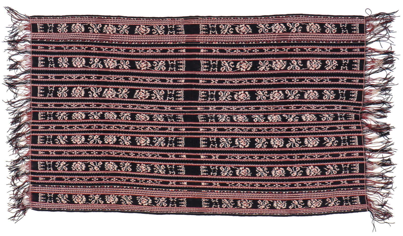 Hii, Ceremonial Man's Cloth, Indonesia, Mid 20th C., 2'10'' x 4'8'': Hii, Ceremonial Man's Cloth, Indonesia, Mid 20th C. A fine hii, ceremonial man's cloth with ikatted fringes. Made from handspun cotton, featuring warp ikat. Size: 2'10'' x 4'8'' (86 x 142 cm). Provena