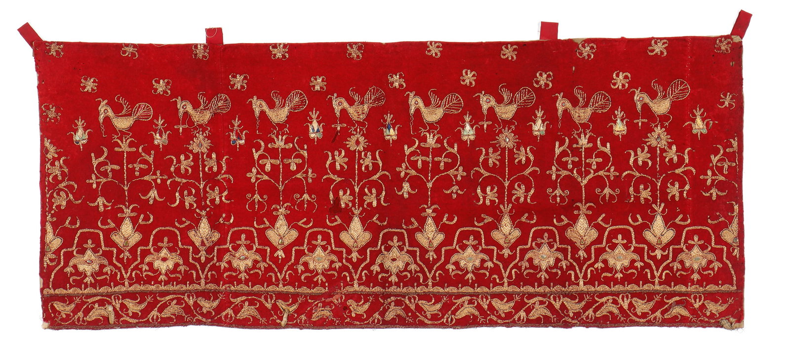 Ceremonial Tirai Banner with Gold Metallic Thread, Indonesia, Early 20th C.: Ceremonial Tirai Banner with Gold Metallic Thread, Indonesia, Early 20th C. Gold-wrapped thread applique on a cotton ground, Sumatra. Size: 2'10'' x 1'2'' (86 x 36 cm).