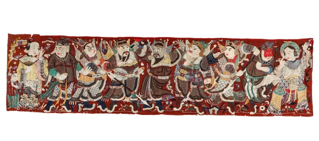 Rare Chinese Silk Embroidery Panel, Depicting Chinese Opera, Early 19th C., 2'5'' x 9'6''