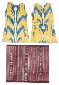 Pair of Antique Uzbek Fragments and Indonesian Ikat Textile (3)
