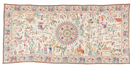 Fine Nakshi Kantha Embroidered Cloth, Bengal, India, Mid 20th C., 7'6'' x 3'1''