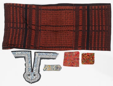 Group Lot of 5 Chinese Embroidery, Uncut Indonesian Sarong, Sindhi Dowry Bags