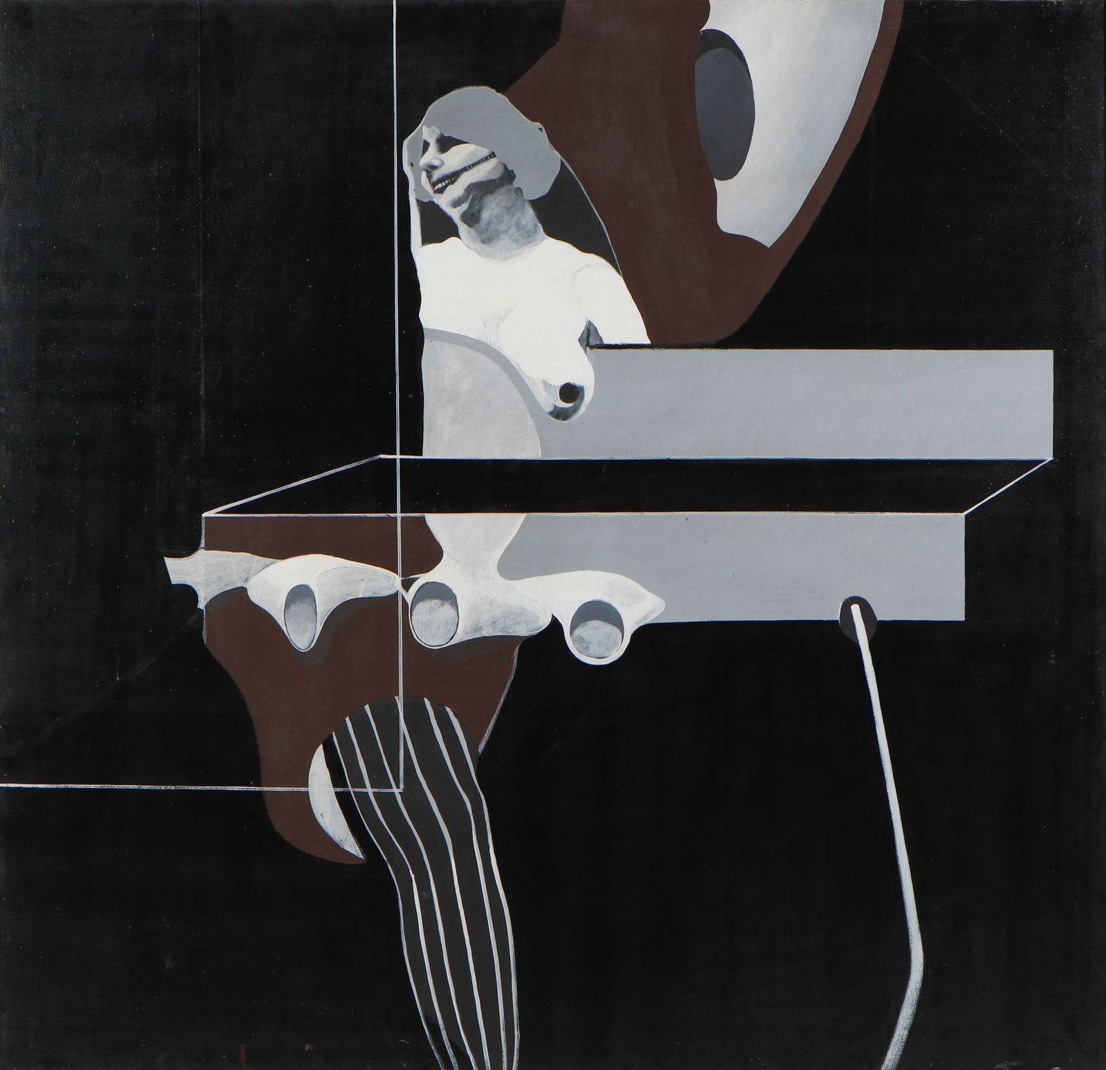 David Lynch (b. 1946) "Woman With Striped Leg", 1968: David Lynch (American, b. 1946) "Woman With Striped Leg", 1968, acrylic painting on canvas. Framed. Size: 69'' x 71'', 175 x 182 cm (stretcher); 69.75'' x 72.25'', 177 x 184 cm (frame). Provenance: Ex