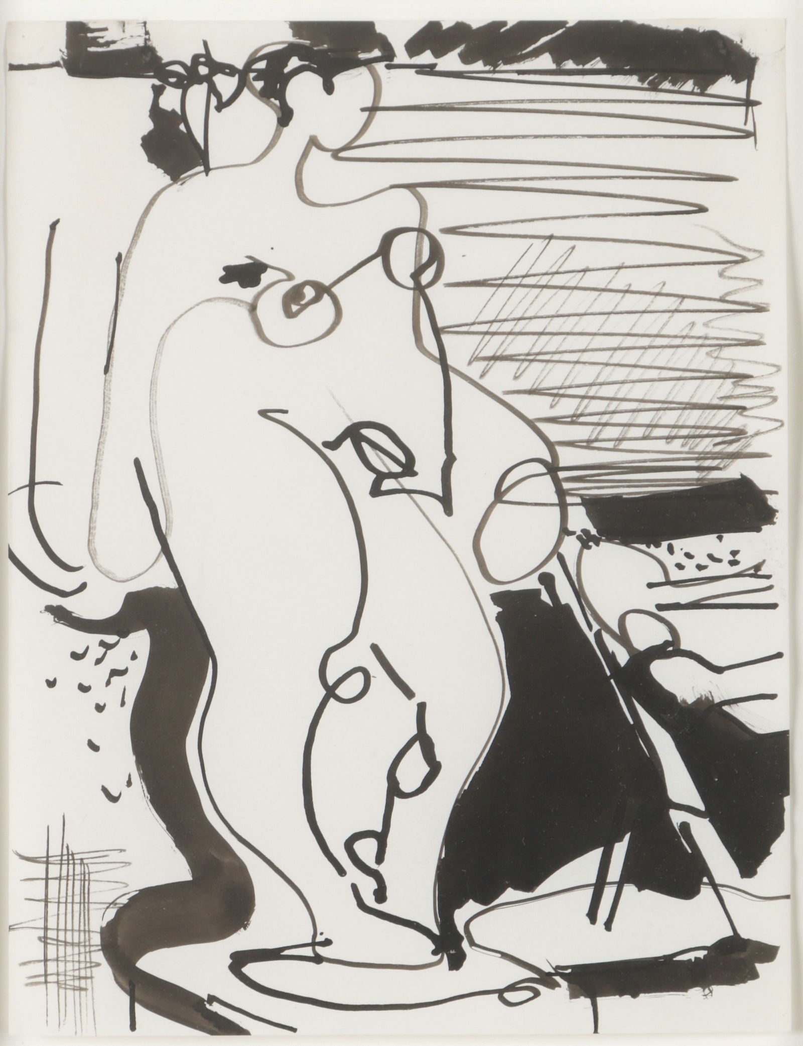Hans Hofmann (1880-1966) Figure Drawing: Hans Hofmann (American/German, 1880-1966) Untitled Nude Drawing, ink on paper. Framed. Size: 11'' x 8.5'', 28 x 22 cm (sheet); 16.25'' x 13.75'', 41 x 35 cm (frame). Provenance: Estate of Hans Hofmann