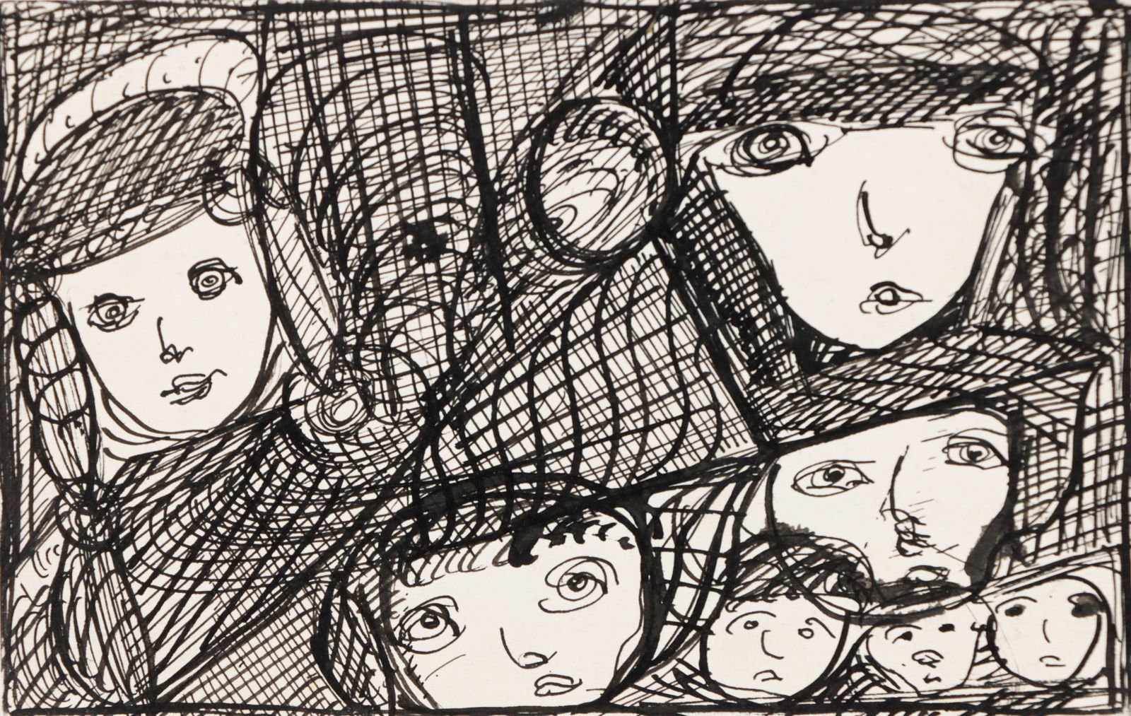 Madge Gill (English, 1882-1961) Ink drawing: Madge Gill (English, 1882-1961) Ink drawing on postcard paper, unsigned. Unframed. Size: 3.5'' x 5.5'', 9 x 14 cm (card).