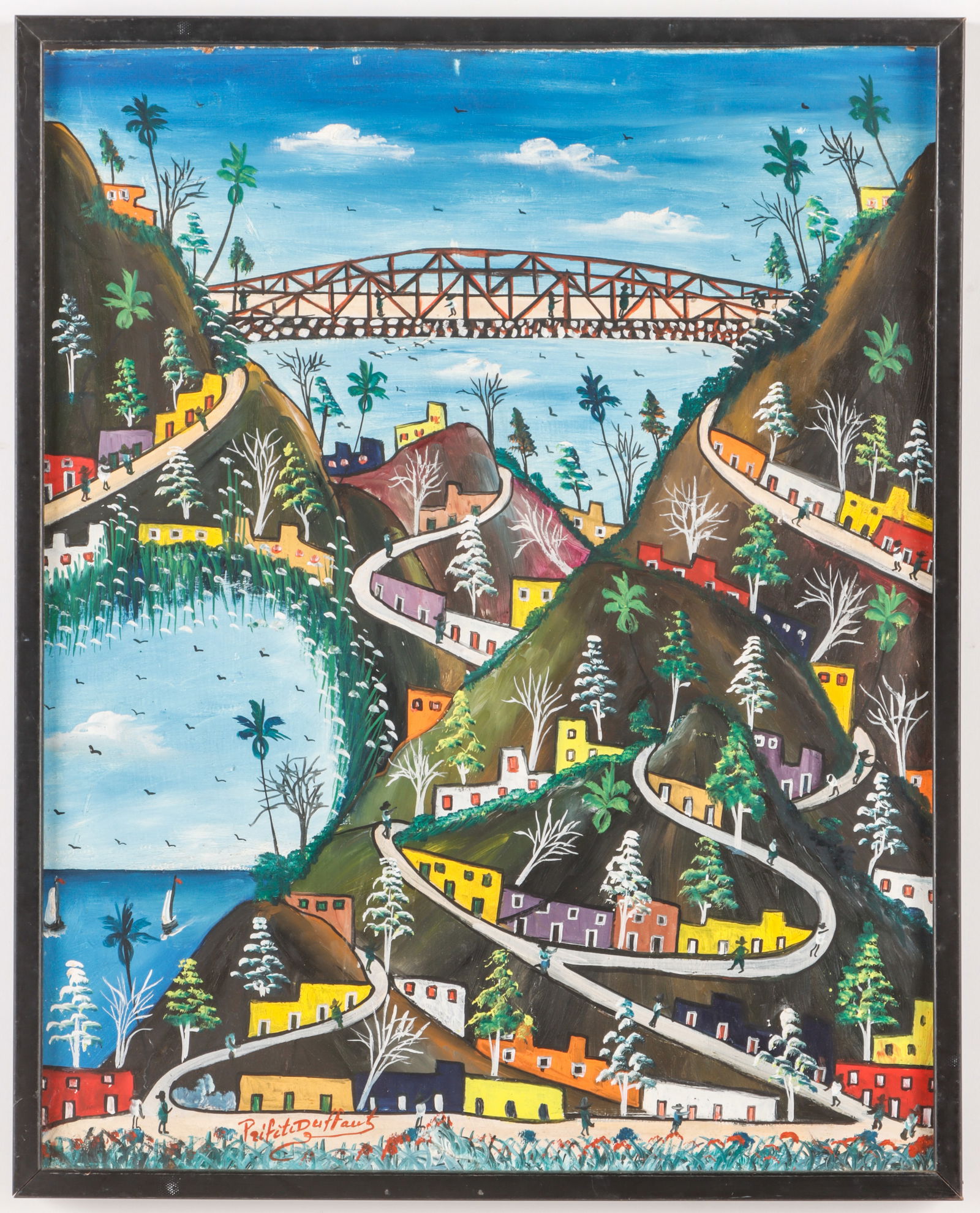 Prefet Duffaut (1923-2012) Landscape Painting: Prefet Duffaut (Haitian, 1923-2012) Landscape, Oil painting on masonite board, signed. Framed. Size: 20'' x 16'', 51 x 41 cm (board); 21'' x 17'', 53 x 43 cm (frame).