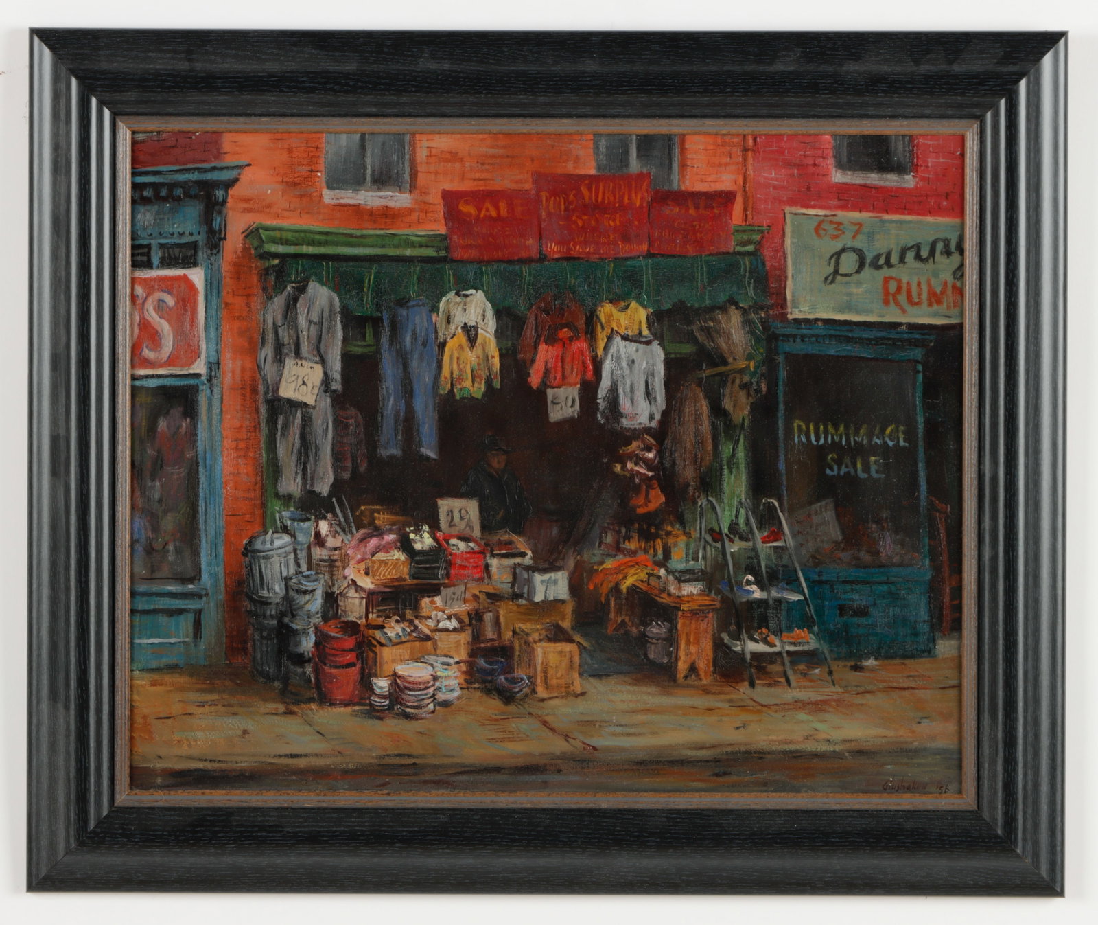 Jacob Glushakow (1914-2000) "Pop's Baltimore Surplus Store": Jacob Glushakow (American, 1914-2000) "Pop's Baltimore Surplus Store," 1956, oil painting on board, signed and dated. Framed. Size: 15.25'' x 19.25'', 39 x 49 cm (sight); 20'' x 24'', 51 x 61 cm (fram