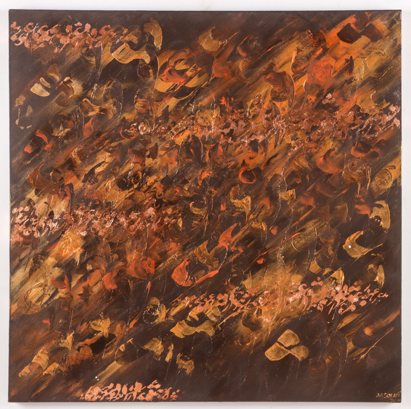 Afsaneh Taebi (Iranian/Canadian, 20th/21st c.) Calligraphy, 2009: Afsaneh Taebi (Iranian/Canadian, 20th/21st c.) Calligraphy, 2009, mixed media painting on canvas, signed and dated. Unframed. Size: 39.25'' x 39.25'', 100 x 100 cm (stretcher). Provenance: The Encyclo