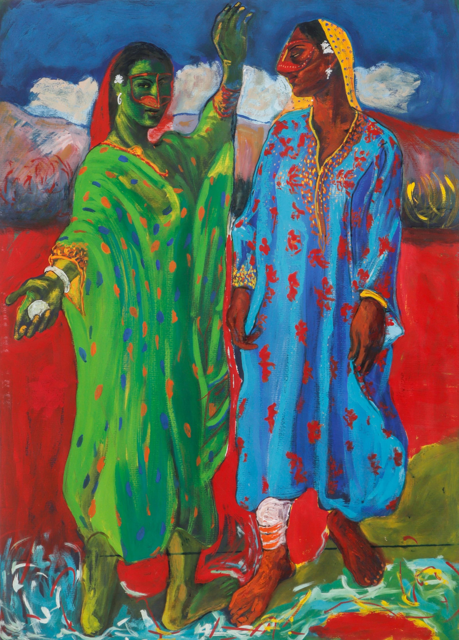 Hosayn Ahmadi-Nasab (Iranian, b. 1949) "Dancers": Hosayn Ahmadi-Nasab (Iranian, b. 1949) "Dancers", oil painting on canvas, signed. Framed. Size: 27'' x 19'', 69 x 48 cm (board); 37'' x 29'', 94 x 74 cm (frame). Provenance: The Encyclopaedia Iranica
