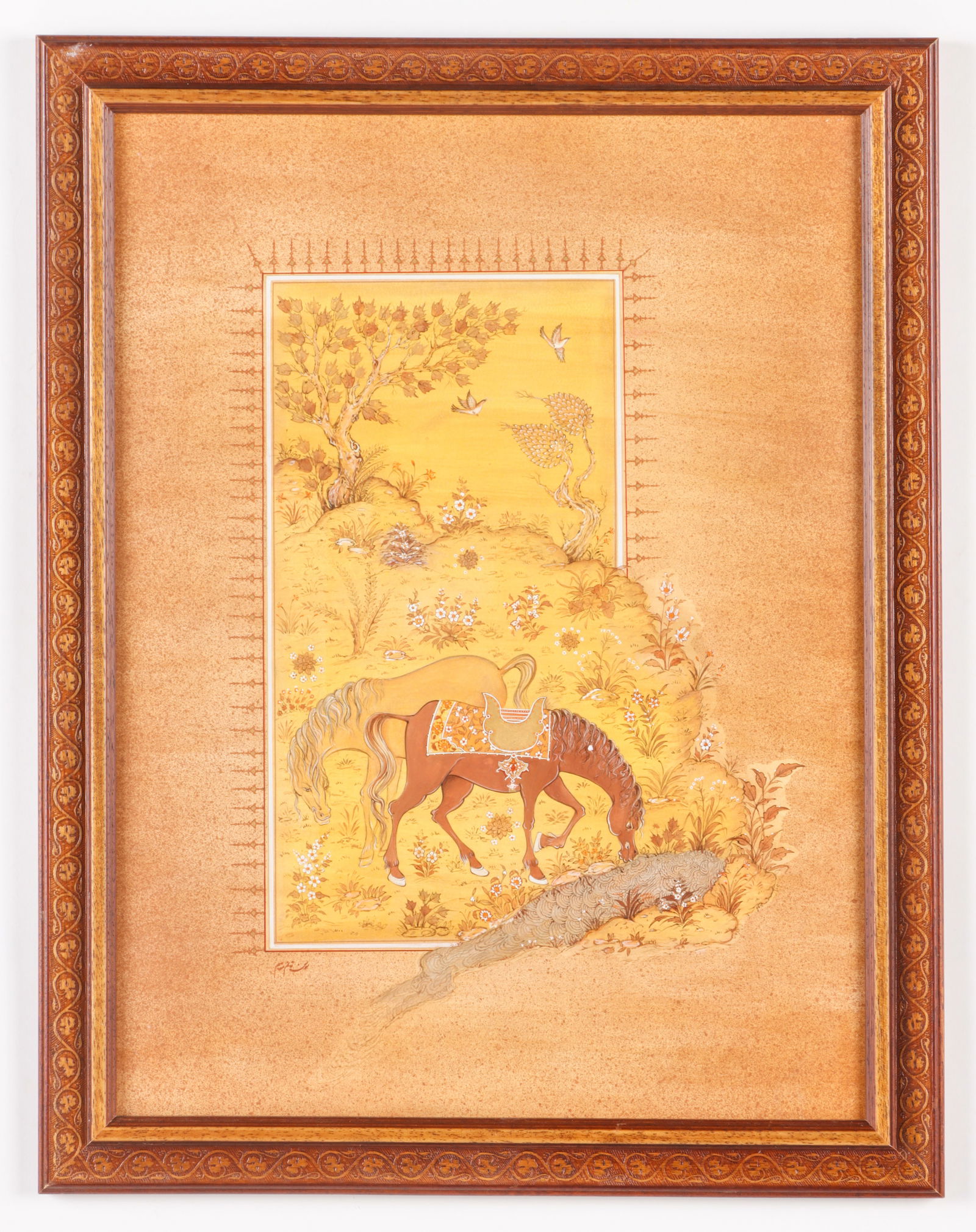 Susan Ghaem-Magham (Iranian, b. 1952) "Two Horses", 2014: Susan Ghaem-Magham (Iranian, b. 1952) "Two Horses", 2014, gouache and watercolor painting on paper, signed. Framed. Size: 23'' x 17'', 58 x 43 cm (sight); 26.75'' x 21'', 68 x 53 cm (frame). Provenanc