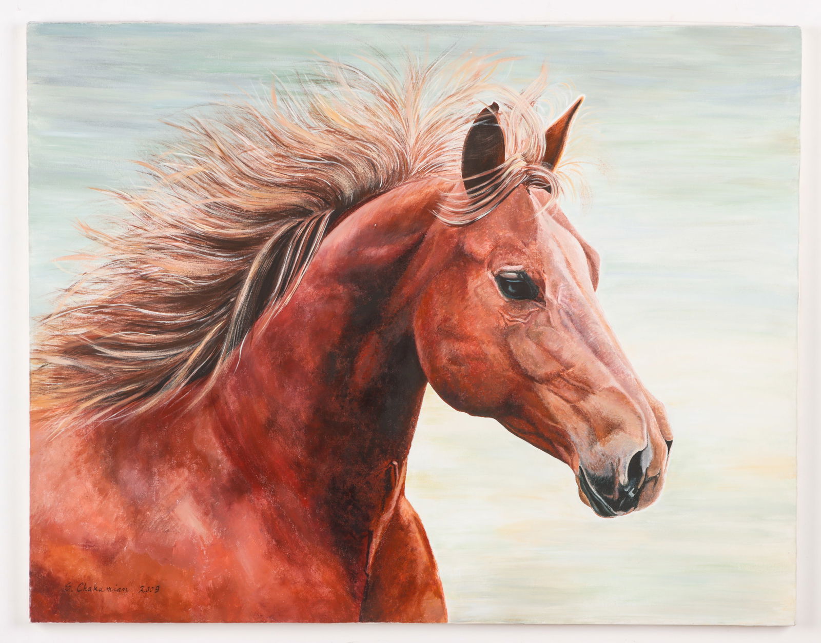 Sima Chakamian (Iranian, 20th/21st c.) "Horse", 2009: Sima Chakamian (Iranian, 20th/21st c.) "Horse", 2009, acrylic painting on canvas, signed and dated. Unframed. Size: 27.5'' x 35.5'', 70 x 90 cm (canvas). Provenance: The Encyclopaedia Iranica Foundati