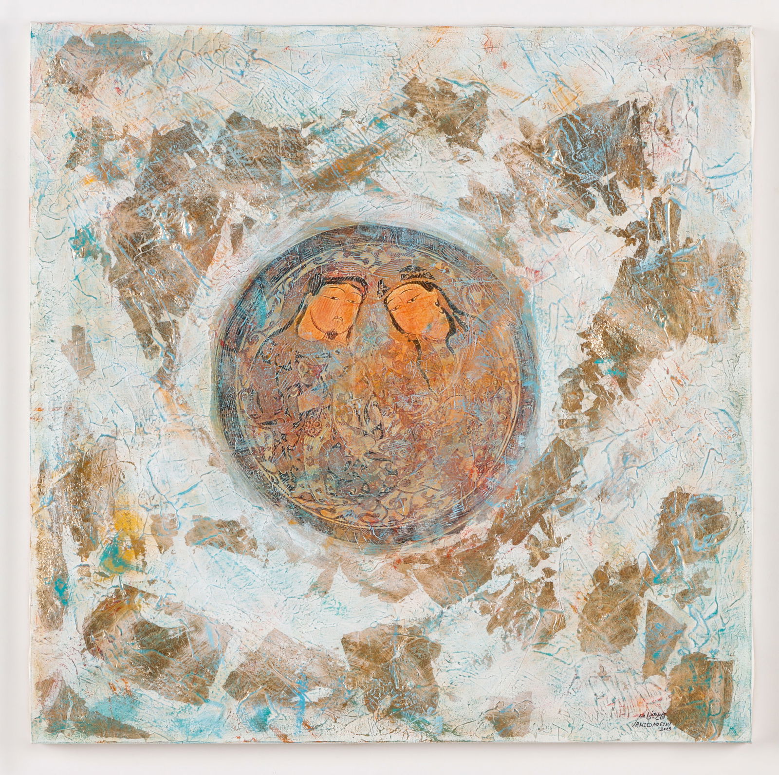 Vahid Moeini (Iranian, b. 1965) "Lovers", 2009: Vahid Moeini (Iranian, b. 1965) "Lovers", 2009, acrylic painting on canvas, signed and dated. Unframed. Size: 23.5'' x 23.5'', 60 x 60 cm (stretcher). Provenance: The Encyclopaedia Iranica Foundation