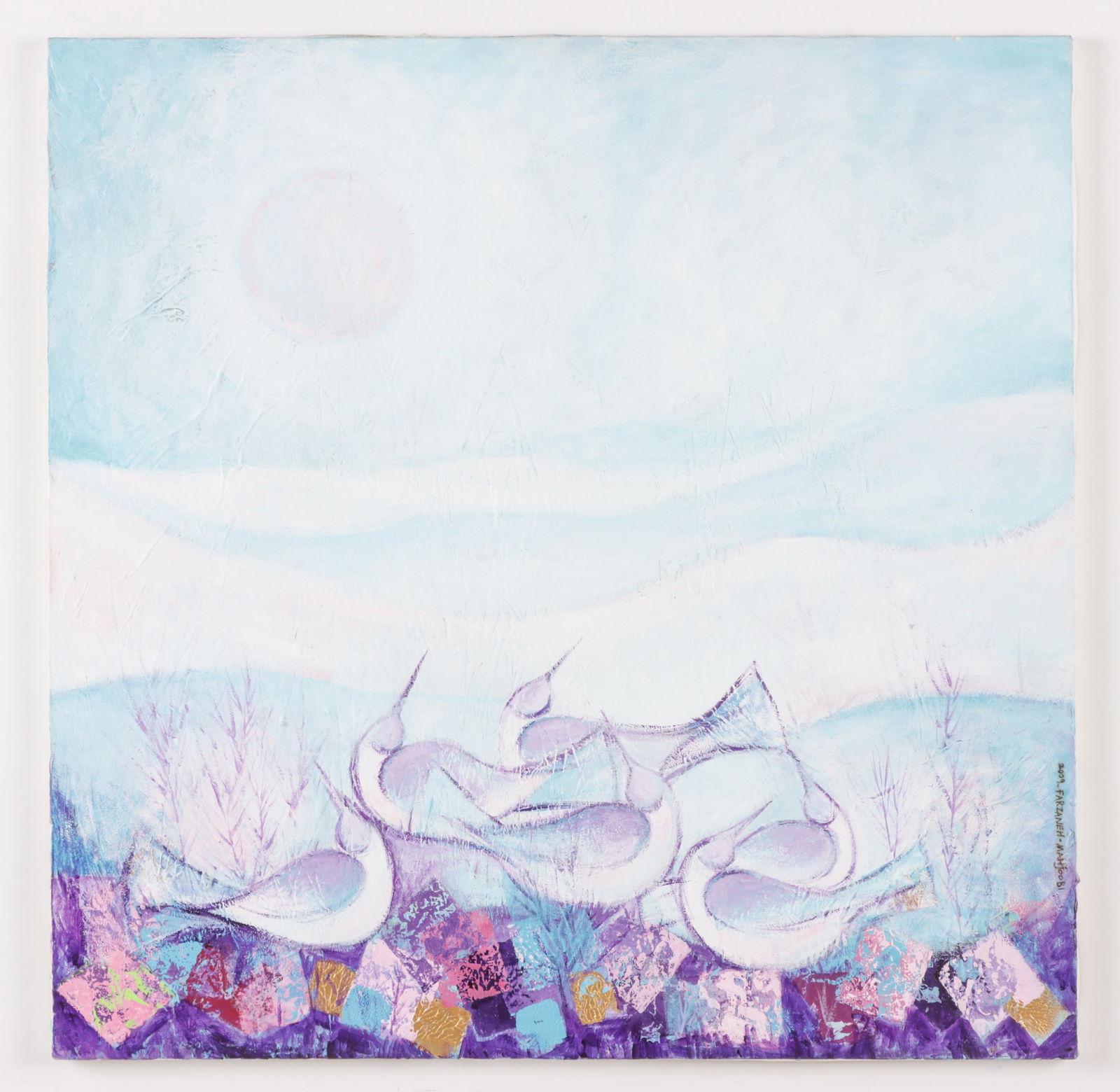 Farzaneh Mahjoobi (b. 1979) "Sea Birds", 2009: Farzaneh Mahjoobi (Iranian, b. 1979) "Sea Birds", 2009, acrylic painting on canvas, signed and dated. Unframed. Size: 27.5'' x 27.5'', 70 x 70 cm (stretcher). Provenance: The Encyclopaedia Iranica Fou