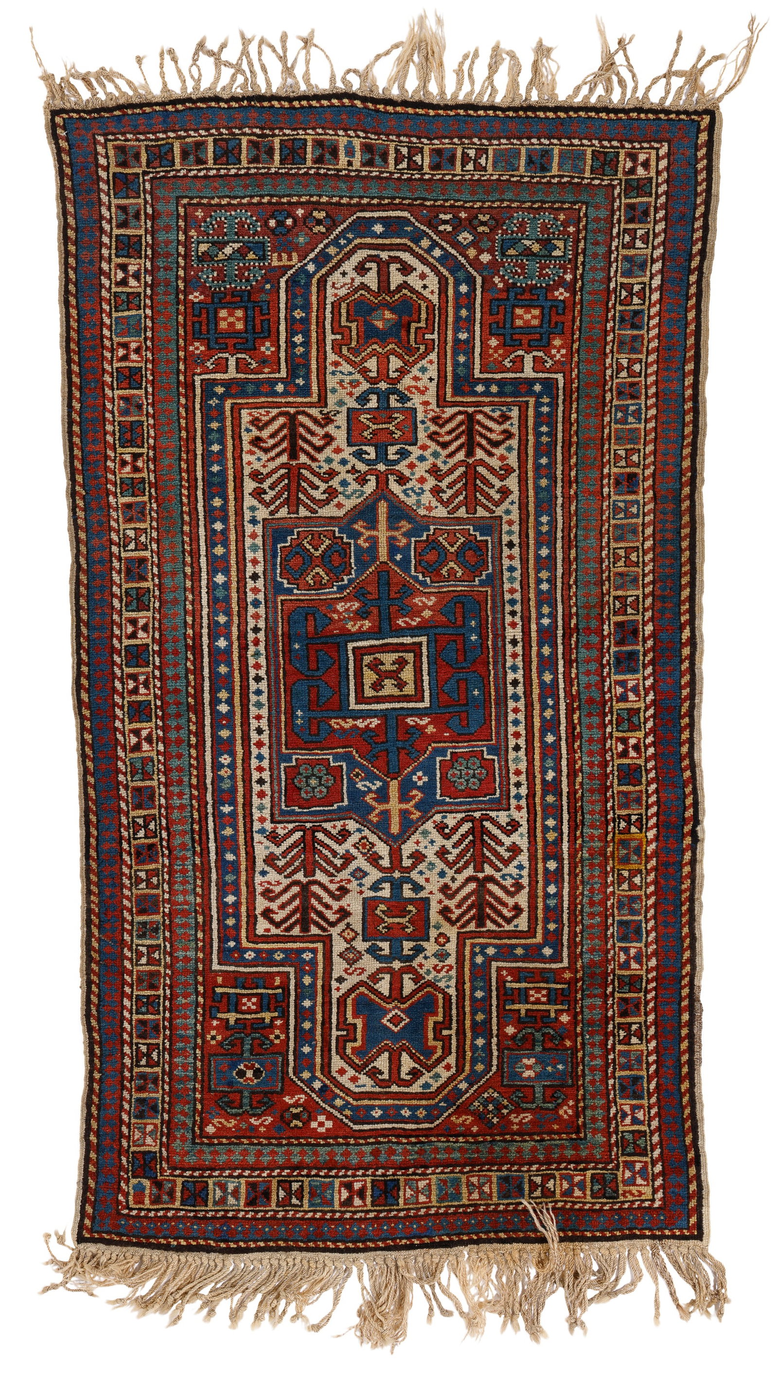 Double Mihrab Kazak Prayer Rug, Caucasus, Late 19th C., 3'2'' x 5'3'': Double Mihrab Kazak Prayer Rug, Caucasus, Late 19th C., 3'2'' x 5'3'' (97 x 160 cm). Weight: 7 lbs. Material: wool pile, wool warp, wool weft. Excellent overall condition with original ends and sides.