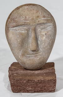 001: Ted Ludwiczak (b. 1927, Poland/American): Ted Ludwiczak (b. 1927, Poland/American), Untitled (small stone head). Carved stone with Stone stand. Size: 5 x 3.75 x 1.25 inches (overall).