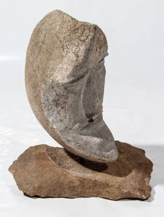 002: Ted Ludwiczak (b. 1927, Poland/American): Ted Ludwiczak (b. 1927, Poland/American), "Moon" Carved stone with stone stand. Size: 13.5 x 6 x 9 inches (overall).