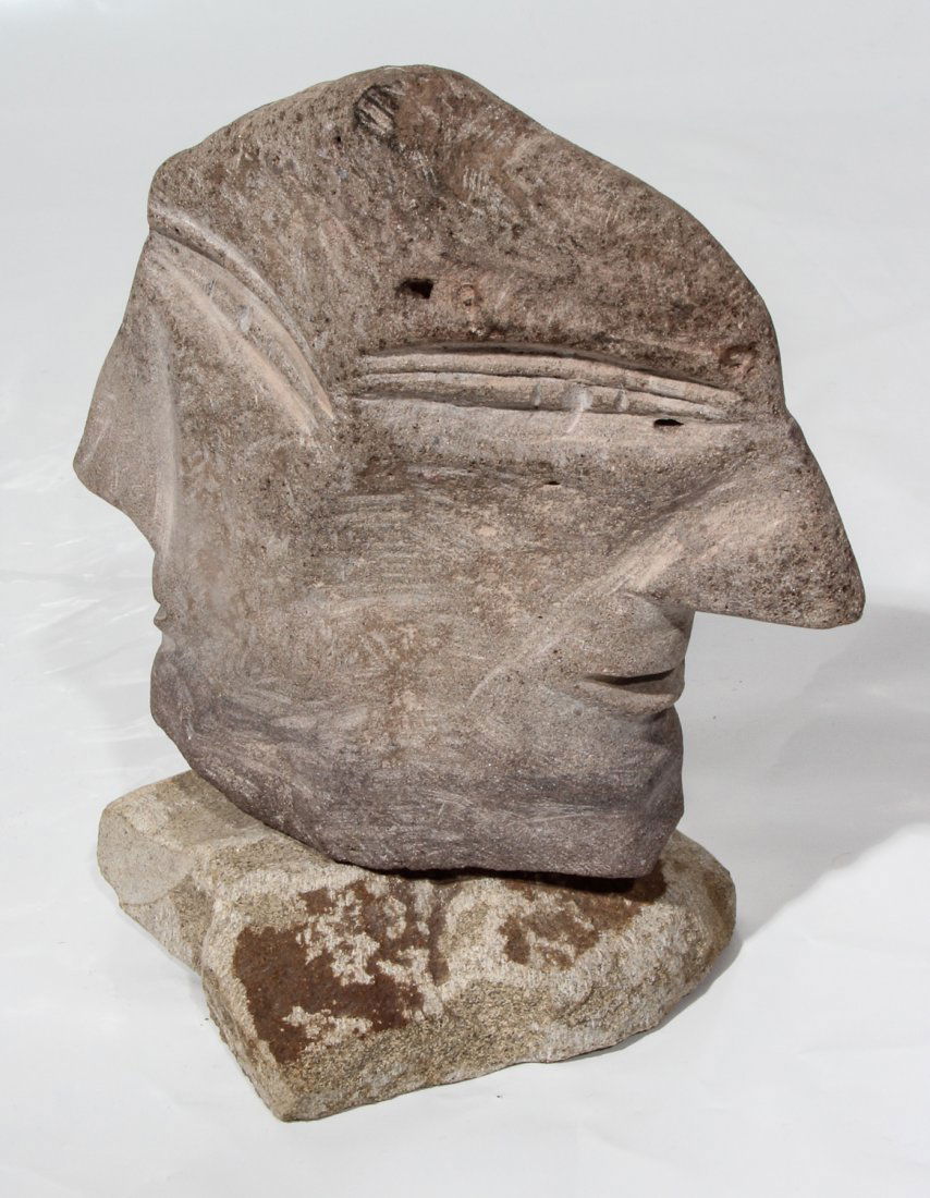 003: Ted Ludwiczak (b. 1927, Poland/American): Ted Ludwiczak (b. 1927, Poland/American), Untitled (double face). Carved stone with stone stand. Size: 8.75 x 7.5 x 5.5 inches (overall).