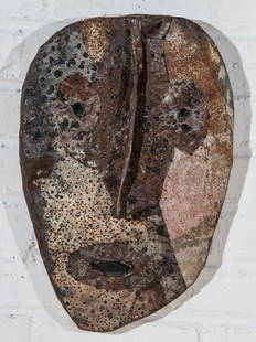 004: Jerry Coker (American, b. 1938): Jerry Coker (American, b. 1938) Untitled "Identity Mask". Mixed Metals on Wood Face Mask. Size: 16.5 x 10.5 x 2 inches (overall).