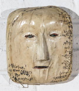 005: Terry Turrell (American, b. 1946): Terry Turrell (American, b. 1946), "Out of Print". Carved and Painted Wood Mask. Size: 9 x 8 x 3.5 inches (overall).