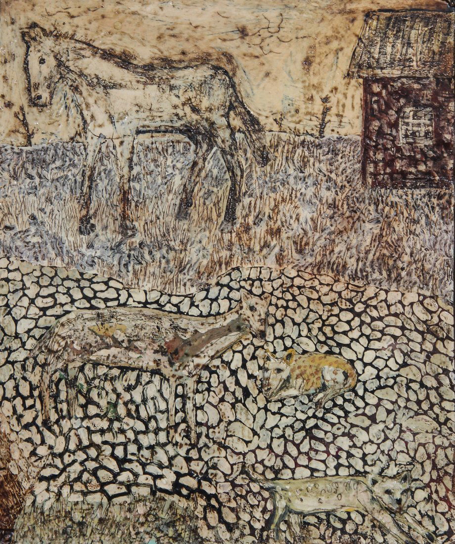 007: Terry Turrell (American, b. 1946): Terry Turrell (American, b. 1946), "Farm Yard", 2002. Oil on wood with found metal frame. Size: 11.5 x 10.5 x 1.5 inches (overall).