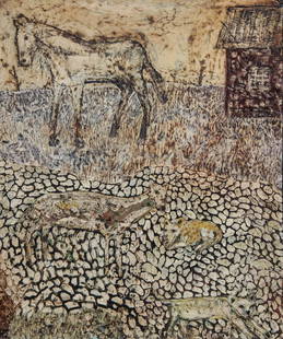 007: Terry Turrell (American, b. 1946): Terry Turrell (American, b. 1946), "Farm Yard", 2002. Oil on wood with found metal frame. Size: 11.5 x 10.5 x 1.5 inches (overall).