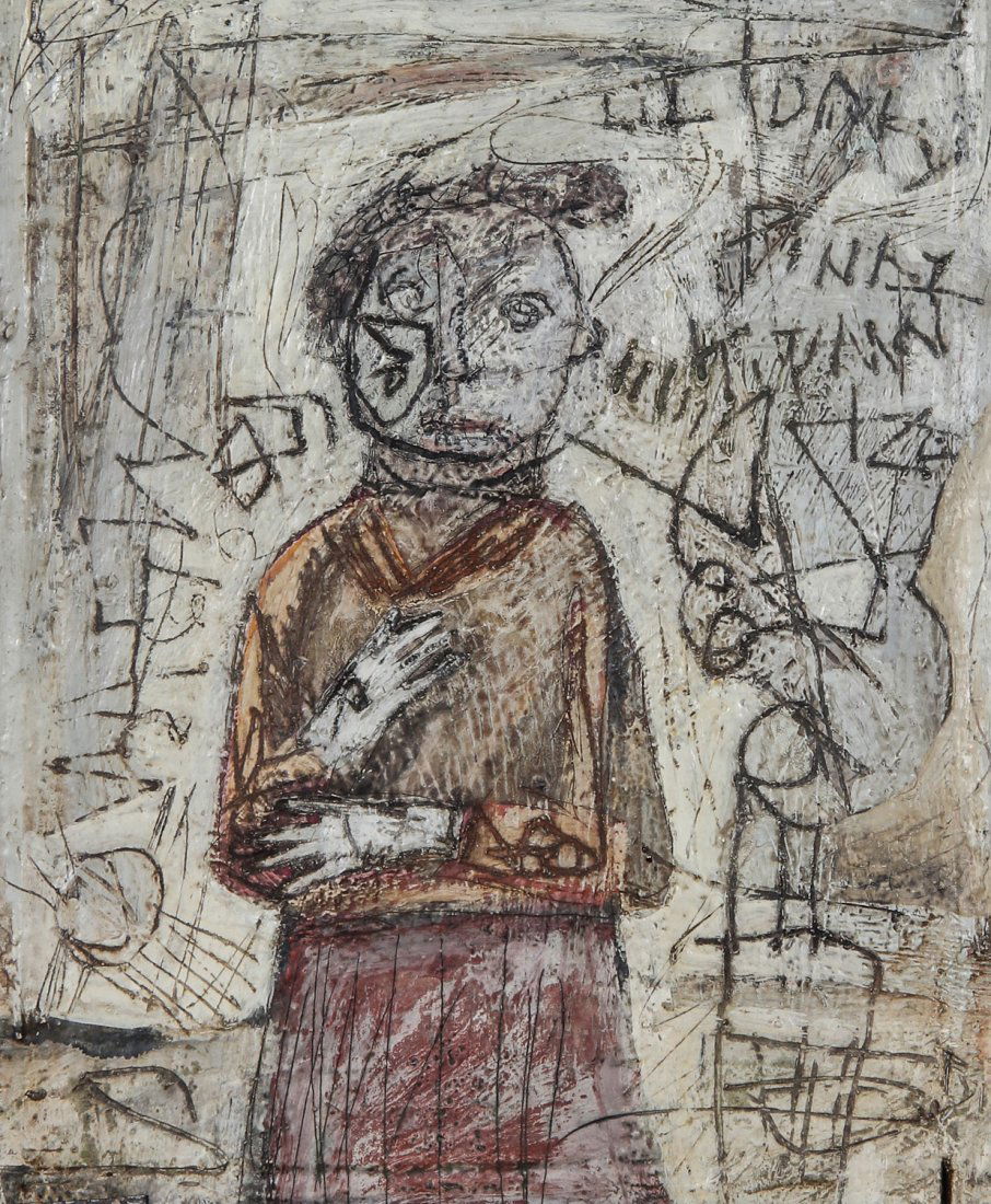 009: Terry Turrell (American, b. 1946): Terry Turrell (American, b. 1946), "Penny Watson", 1999. Oil and enamel on wood with found tin framing. Size: 13 x 11 inches (overall). Label: American Primitive Gallery, New York.