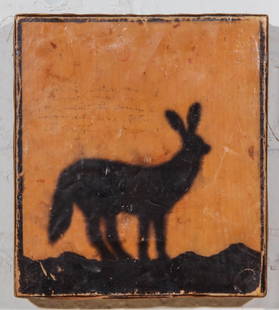 010: Larry Calkins (American, b. 1955): Larry Calkins (American, b. 1955), "Hunter-Prey", 1997. Encaustic on wood. Size: 8 x 7.25 x 1.5 inches (overall). Label: American Primitive Gallery, New York.
