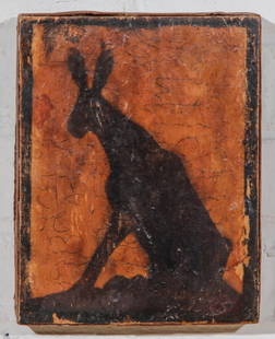 011: Larry Calkins (American, b. 1955): Larry Calkins (American, b. 1955), Untitled (Rabbit), 1997. Encaustic on wood. Size: 9.5 x 7.25 x 1.5 inches (overall). Label: American Primitive Gallery, New York.
