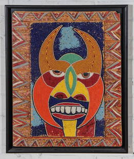 020: Prince Twins Seven Seven (Nigerian, 1944-2011): Prince Twins Seven Seven (Nigerian, 1944-2011), "The Lost Mask", 1970's, mixed media on board, beads, paint. Size: 21 x 16.75 inches (board), 23 x 19 x 1.5 inches (frame). For a description and