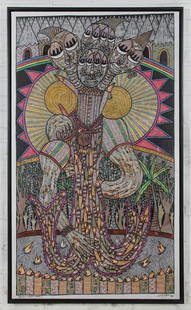 021: Prince Twins Seven Seven (Nigerian, 1944-2011): Prince Twins Seven Seven (Nigerian, 1944-2011), "Rainbow Wealth Goddess", ink, pastel, and oil on canvas, Osogbo, 1989. Size: 55 x 33 inches (stretcher), 57 x 34-1/2 x 1-1/2 inches (frame). 