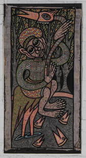 022: Prince Twins Seven Seven (Nigerian, 1944-2011): Prince Twins Seven Seven (Nigerian, 1944-2011), ink and paint on cloth. Size: 33.5 x 17 inches (irregular), 34.5 x 17.5 inches (board). Cloth is glued to board and frayed and tattered at top and