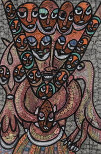 023: Prince Twins Seven Seven (Nigerian, 1944-2011): Prince Twins Seven Seven (Nigerian, 1944-2011), "Heads In Obatala Book", ink, batik dye, watercolor and oil on cloth, Ibadan, 2007. Size: 25.5 x 18 inches. For an in depth discussion of fourteen